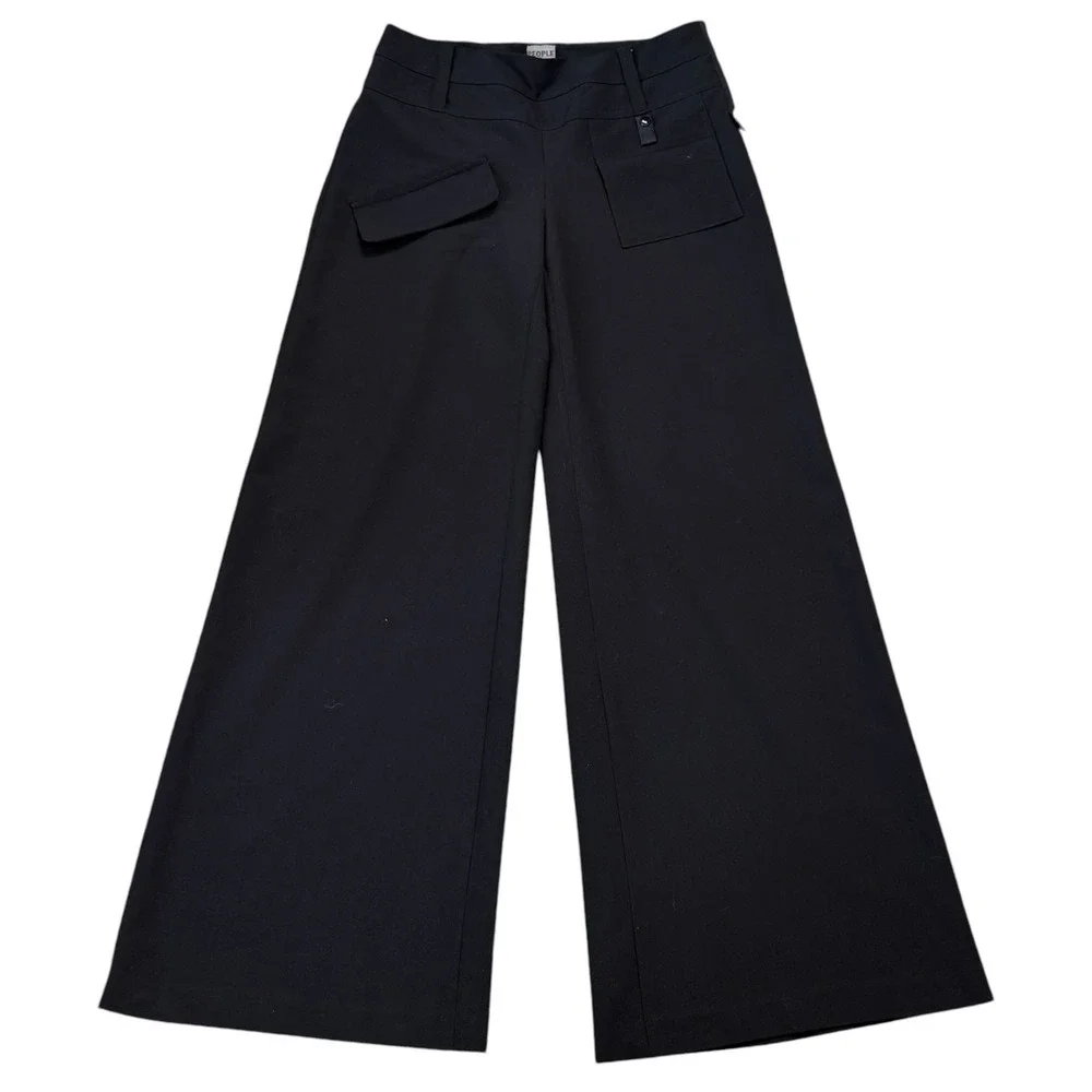People Like Frank Womens Black Wide Leg Pants Cargo Trousers Mid Rise Cyber Goth